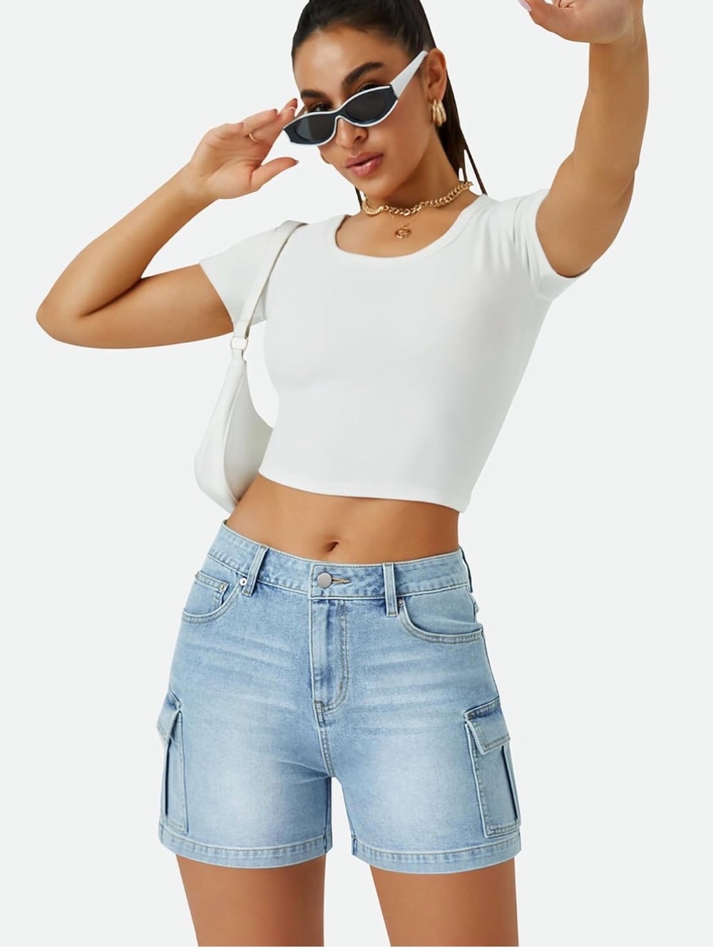 AUWUKA Womens Cargo Jean Shorts High Waisted Microelastic Straight Leg Long